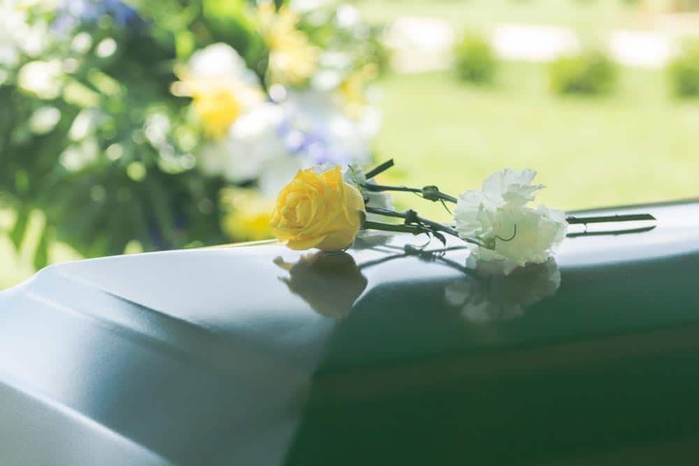Close Up Image Of Flowers On Top Of A Funeral Casket