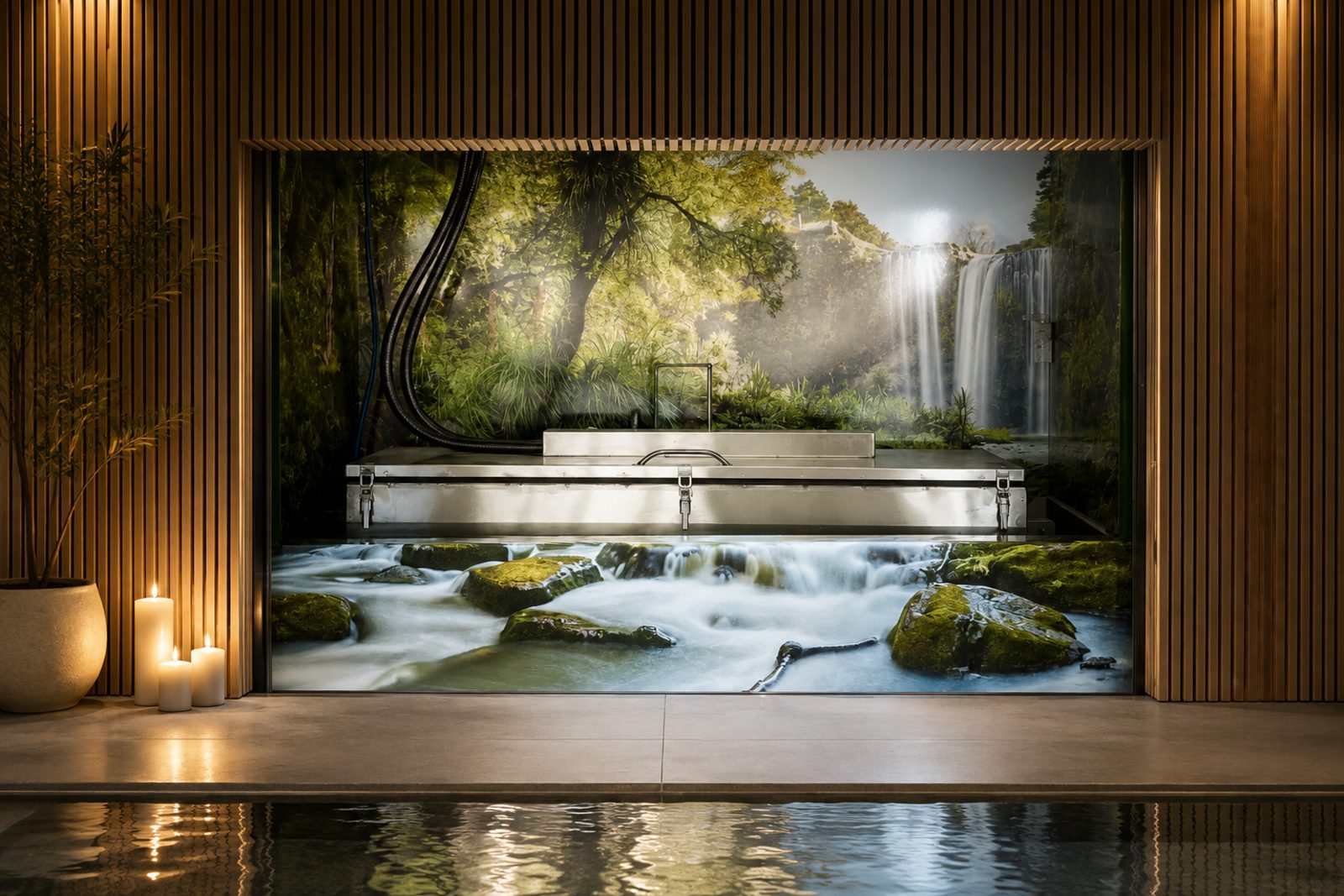 Water cremation equipment with a nature scene displayed in the background.